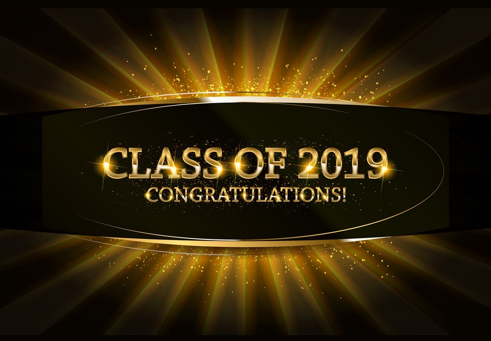 Class of 2019 Congratulations Graduates gold text with golden ribbons on dark background. Vector illustration